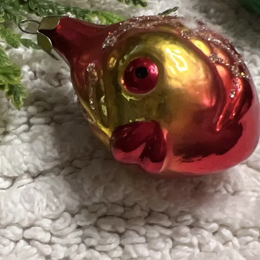 Vintage Hand Blown Glass Fish Christmas Ornaments Set of 2 Green Red Gold READ